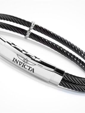 Invicta Stainless Steel 9" Double Row Black Bangle Cable Bracelet